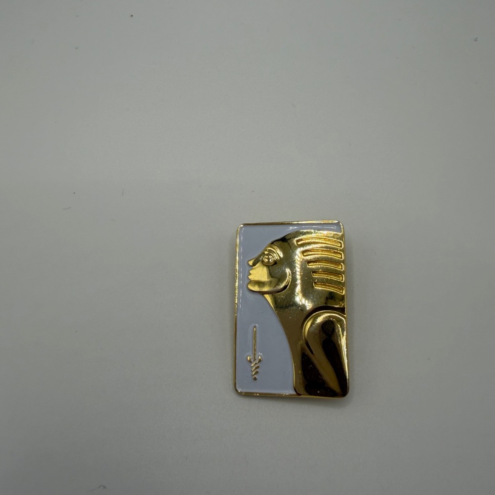 Vintage Egyptian Revival Pharaoh Broach Gold Tone White Enamel Art Deco Pin
